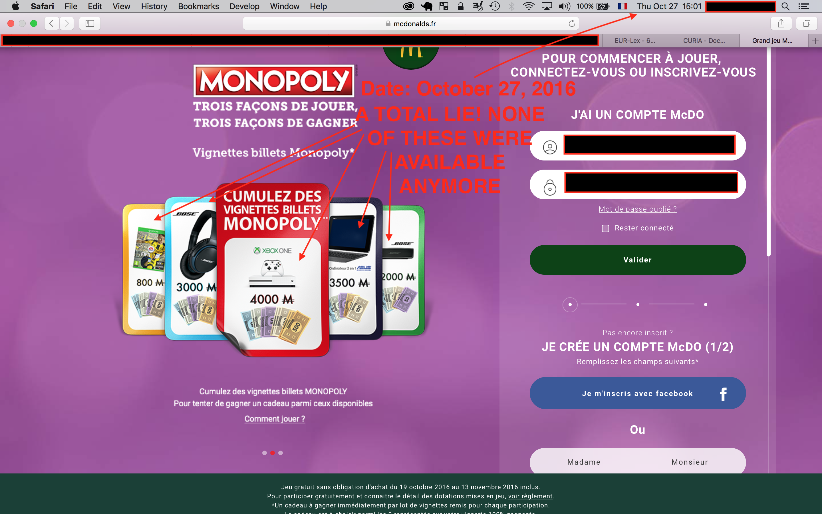 Screenshot showing McDonald's France continuing to advertise prizes that were already depleted